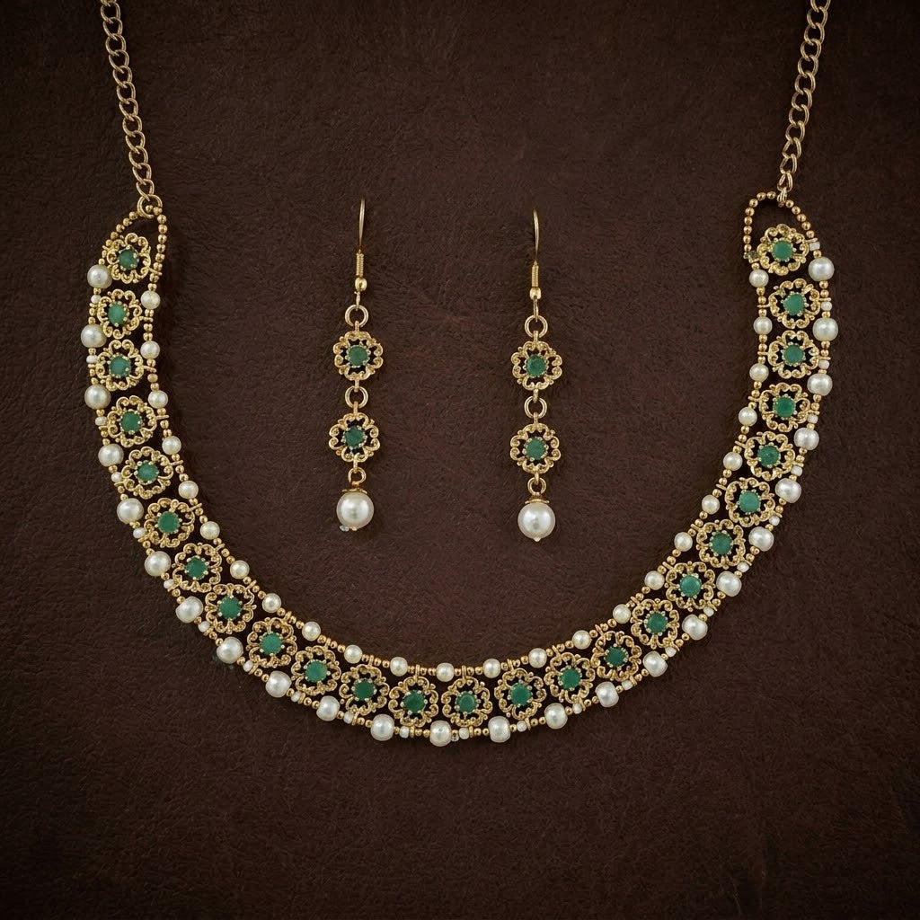 Antique Mehndi Plated Pearl Collar Necklace Set
