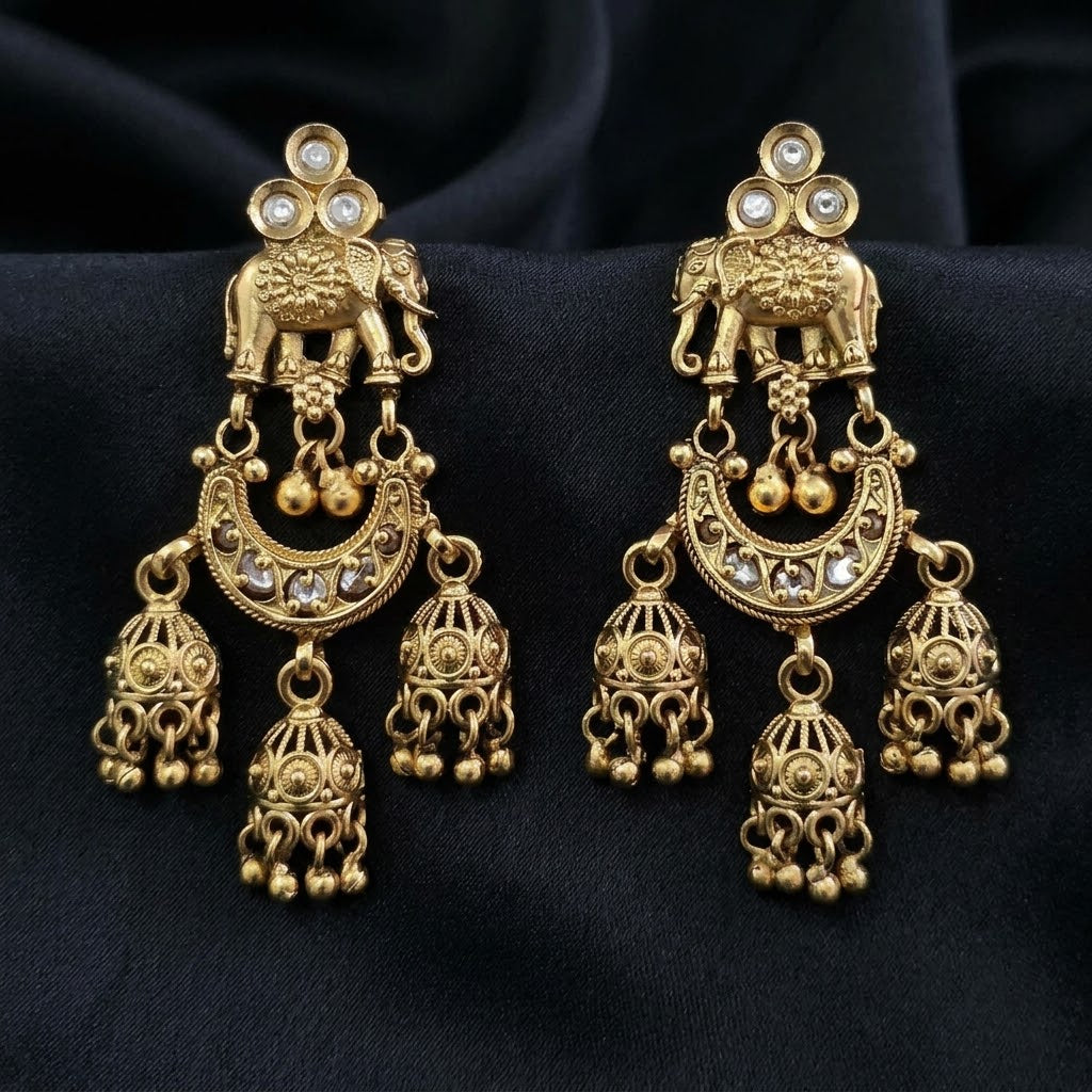 Antique Matte Gold Elephant Chandbali Jhumka Earrings