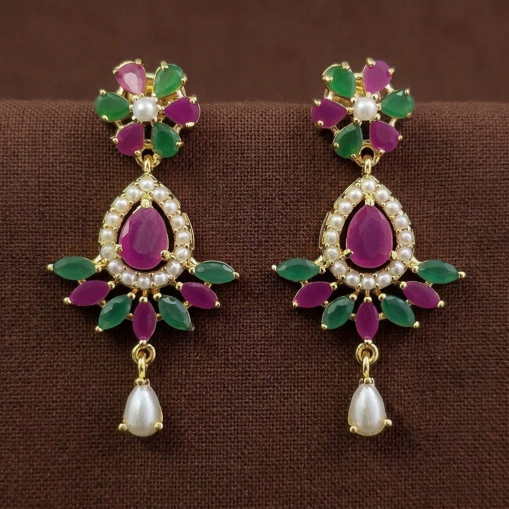 Gold Plated Ruby-Green Pearl Drop Earrings