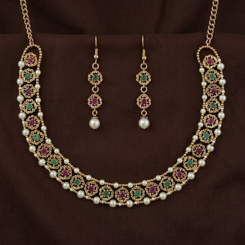 Antique Mehndi Plated Pearl Collar Necklace Set