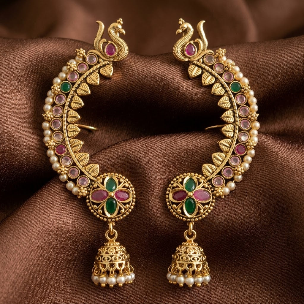 Antique Gold-Plated Peacock Earcuff Jhumka