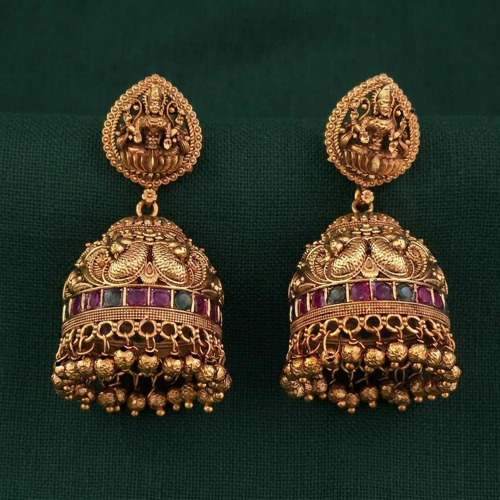 Antique Matte Gold Temple Jhumki Earrings
