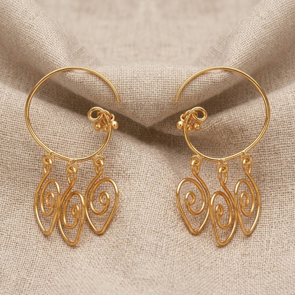 Antique Gold-Plated Dangle Bali Hoop Earrings