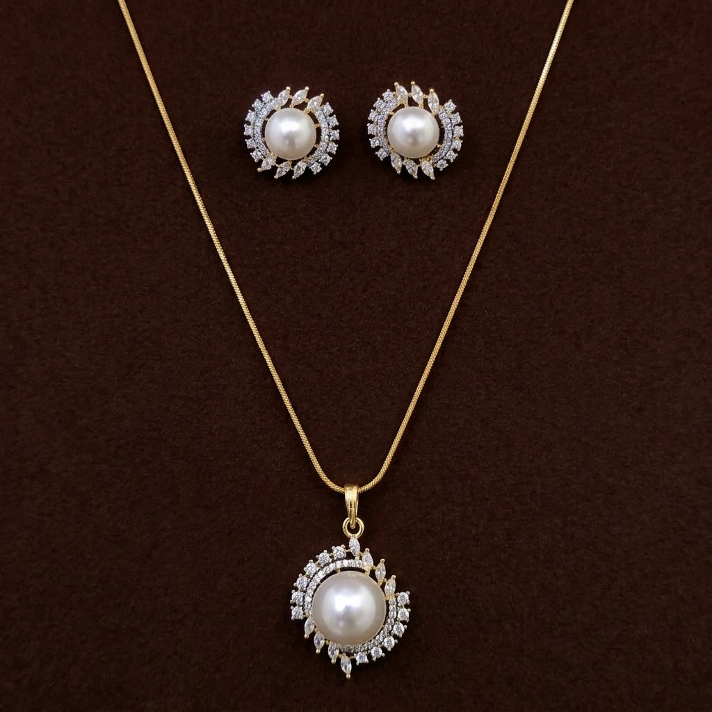 American Diamond Pearl Pendant Necklace Set