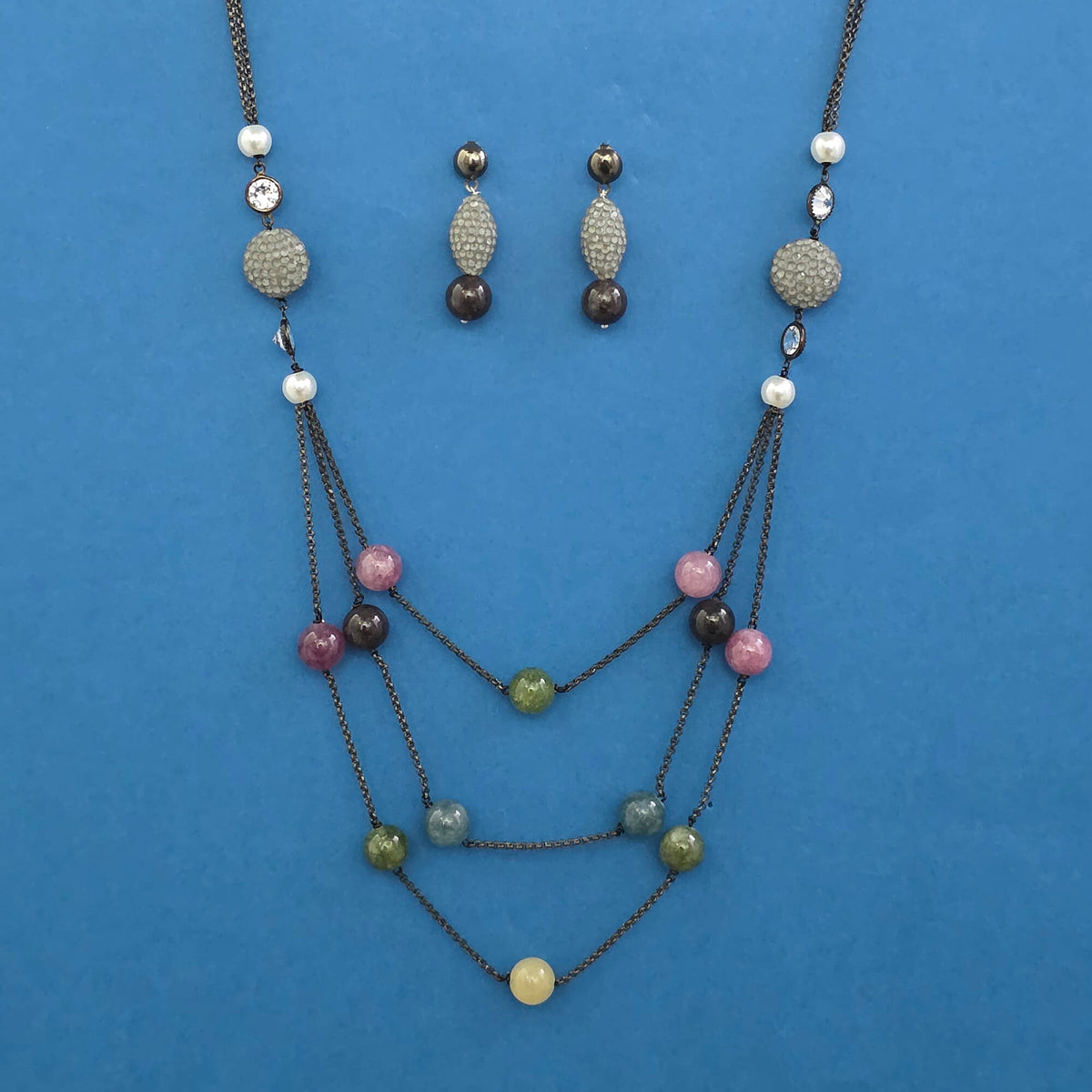 Black Plated Multi-Bead Layered Necklace Set