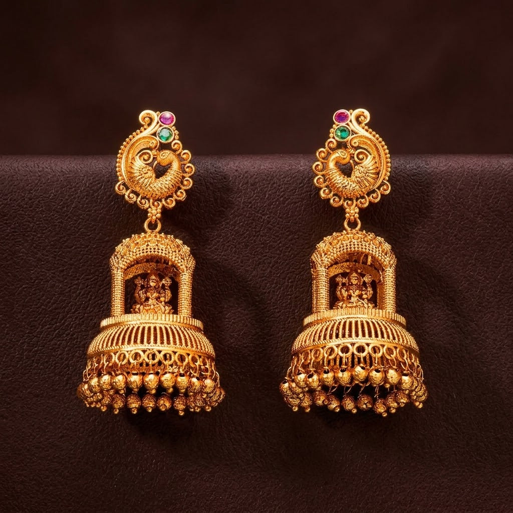 Antique Gold Plated Temple Peacock Jhumki Earrings