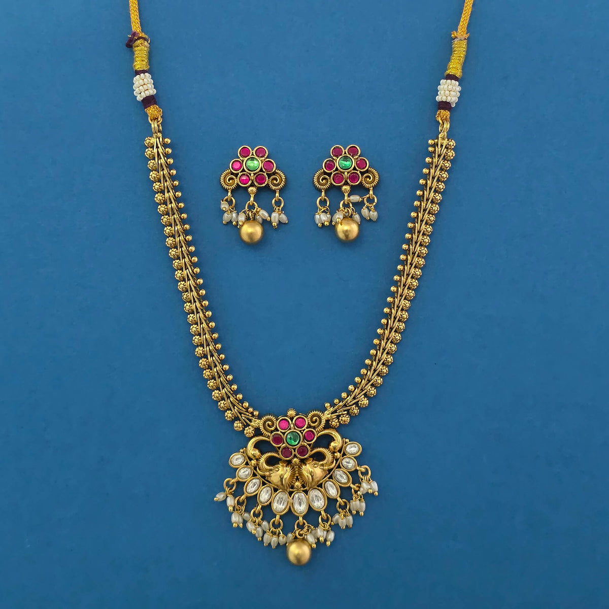 Traditional Antique Gold Plated Pearl Drop Necklace Set