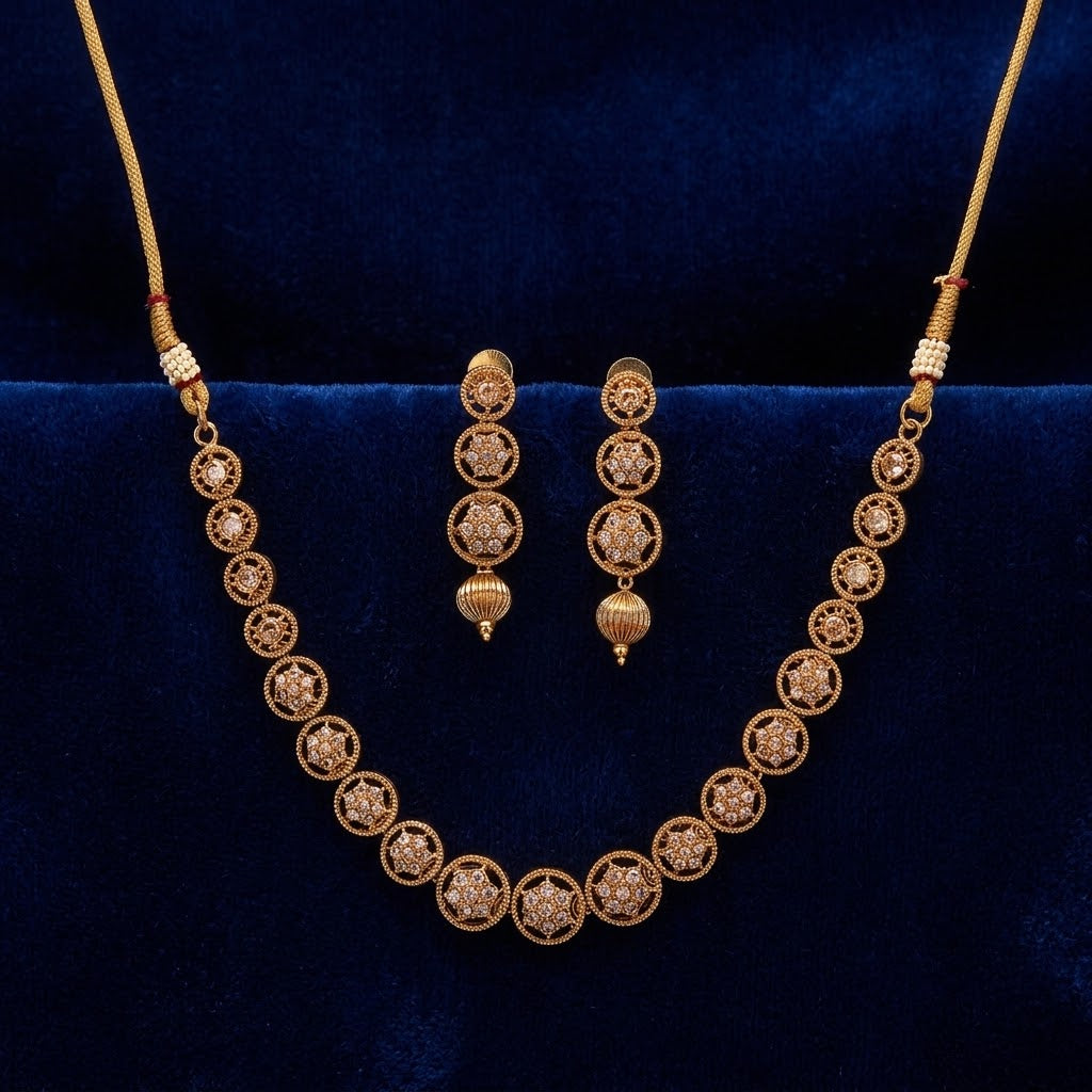 Antique Gold Plated Round Floral CZ Necklace Set with Earrings