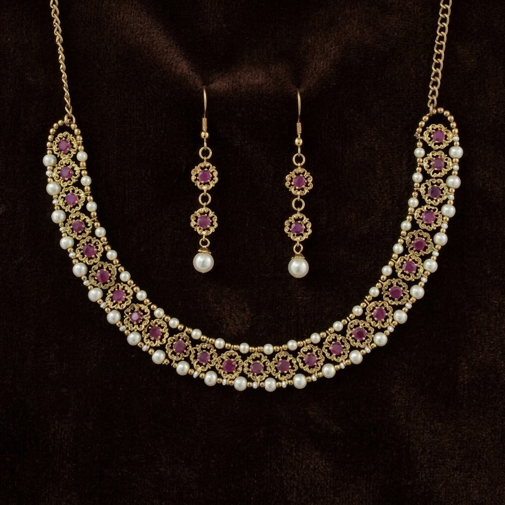 Antique Mehndi Plated Pearl Collar Necklace Set